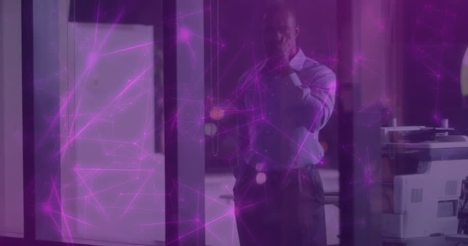 Businessperson answering smartphone call, purple fractal overlay on office glass guiding strategy. Technology, innovation, corporate, professional, modern, communication, digital