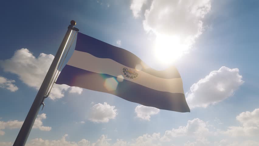 El Salvador Flag waving on a Flagpole with a cloudy blue sky background