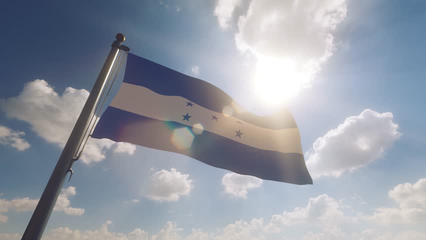 Honduras Flag waving on a Flagpole with a cloudy blue sky background