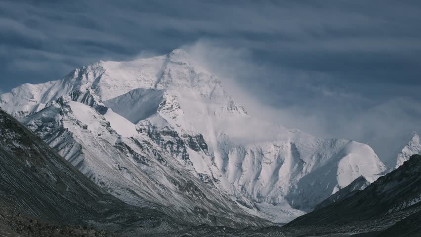 Time lapse landscape of Snowed mount Everest, famous mountain peak with clouds passing by, natural environment in Asia
