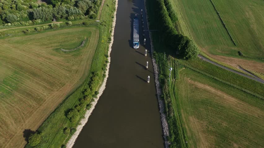 Sluice St. Andries, water way, inland shipping, between the Maas and the Waal river. Aerial drone video.