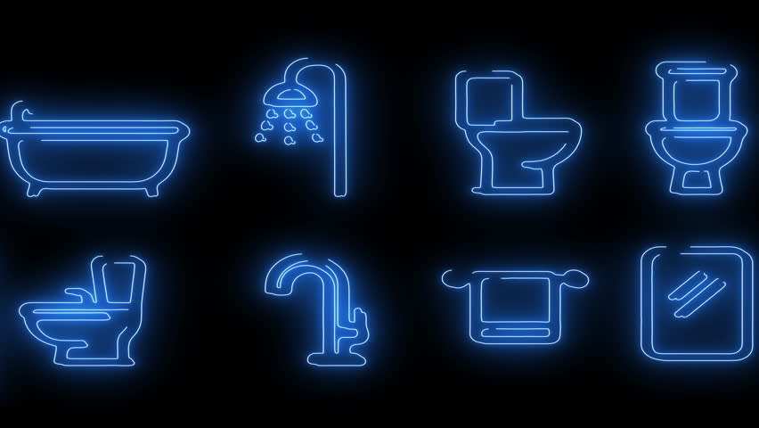 Glowing animated icons of bathroom essentials such as toilet, sink, bathtub, urinal, and shower.	