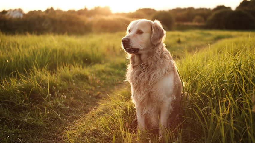 Golden Retriever Plays Outdoors At Sunset