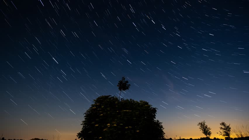 Nighttime Time-Lapse Of Moving Star Trails With A Tree Silhouette In The Landscape