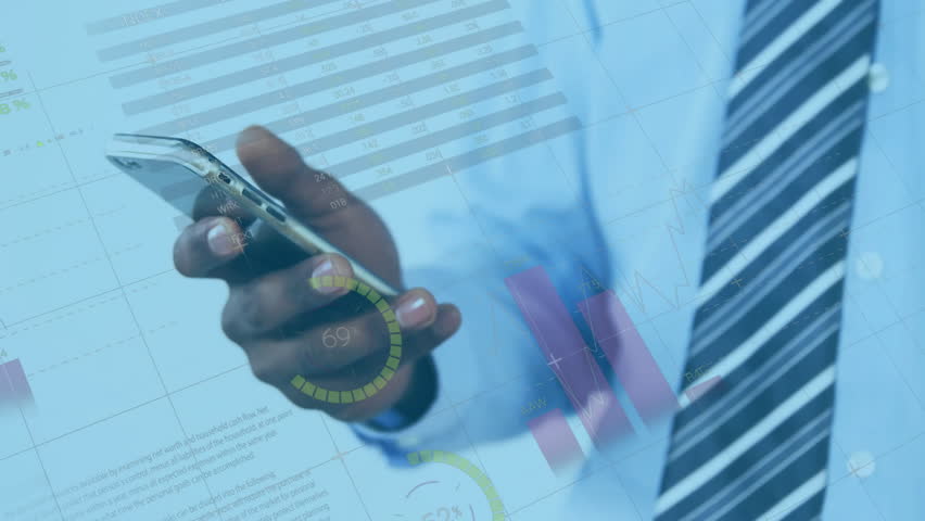 Businessman holding smartphone, hovering finger above screen, tapping and cycling finance charts. Technology, data analysis, digital, analytics, finance, innovation, futuristic