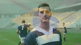 Rugby player standing center with flag overlay fading, team warming up fueling sports campaign. Athlete, teamwork, competition, strength, endurance, sport, fitness - Powered by Shutterstock - Get 15% off with code: PIKWIZARD15