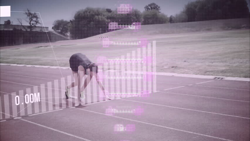 At start signal sprinter driving off blocks overlaying time-distance metrics for sports technology. Athletics, speed, performance, competition, motion, energy, outdoor - Powered by Shutterstock - Get 15% off with code: PIKWIZARD15