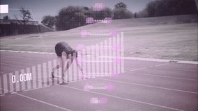 At start signal sprinter driving off blocks overlaying time-distance metrics for sports technology. Athletics, speed, performance, competition, motion, energy, outdoor - Powered by Shutterstock - Get 15% off with code: PIKWIZARD15