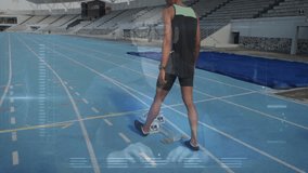 Track athlete approaching starting blocks and adjusting pedals under HUD overlay monitoring stats. Sports, performance, technology, fitness, competition, footwear, training - Powered by Shutterstock - Get 15% off with code: PIKWIZARD15