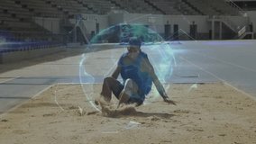 Athlete sprinting forming digital overlays launching, landing enabling sports technology analysis. Sports, biomechanics, innovation, futurism, motion, performance, stadium - Powered by Shutterstock - Get 15% off with code: PIKWIZARD15