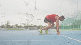 Sprinter bracing on start signal and propelling from blocks, with sports technology data overlay. Athletics, performance, speed, competition, training, dynamic, motion - Powered by Shutterstock - Get 15% off with code: PIKWIZARD15