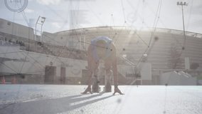 Sprinter sliding into blocks on stadium shifting weight, launching sprint with sports data overlay. Athletic, speed, motion, competition, dynamic, energetic, training - Powered by Shutterstock - Get 15% off with code: PIKWIZARD15