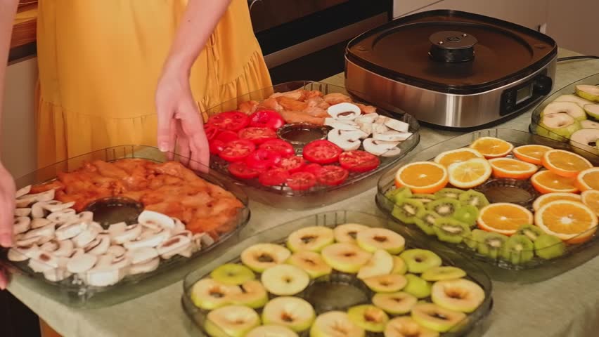 Housewife preparing a food dehydrator machine with various sliced fruits and vegetables