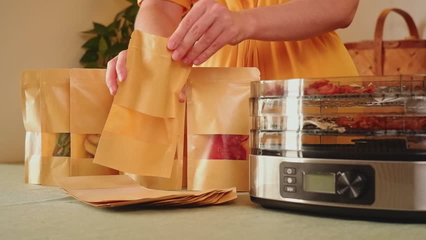 Woman carefully placing dried fruits and vegetables into paper bags, next to a food dehydrator