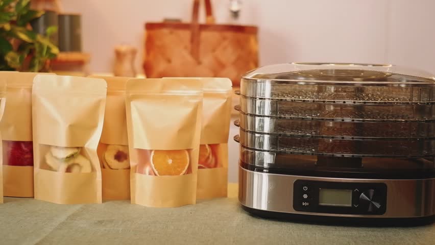 Multiple pouches of dried fruit are displayed near a food dehydrator