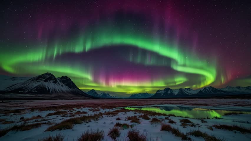 A sweeping panorama of the majestic Arctic sky, where the aurora borealis displays its full splendor, with intense green and purple glows filling the view above the icy landscape.