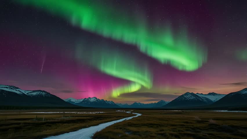 The stunning reflection of the aurora swirling on the calm water surface, creating a dazzling symmetry between the star-filled sky and the snow-capped mountains.