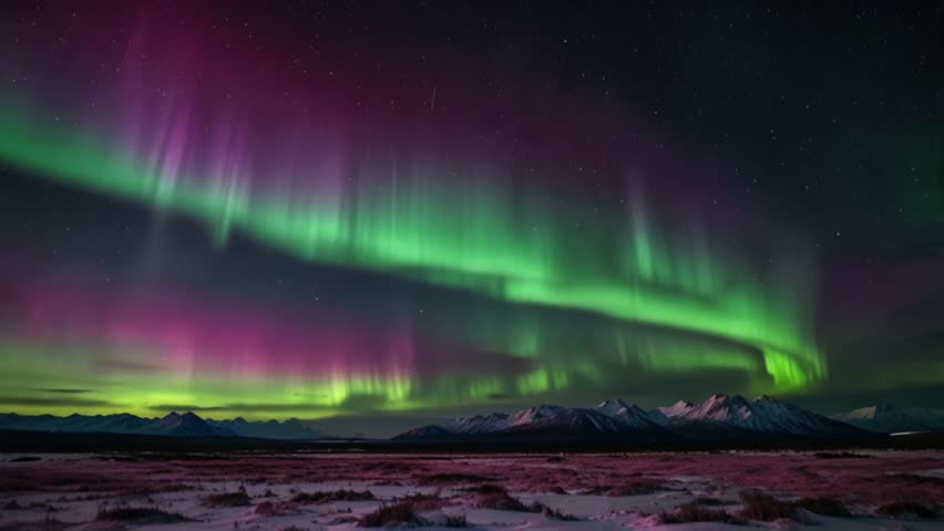 A lonely snow path leads into the distance beneath the dazzling dance of the aurora, with greens and purples flashing across the dark sky above the Palmer, Alaska landscape.