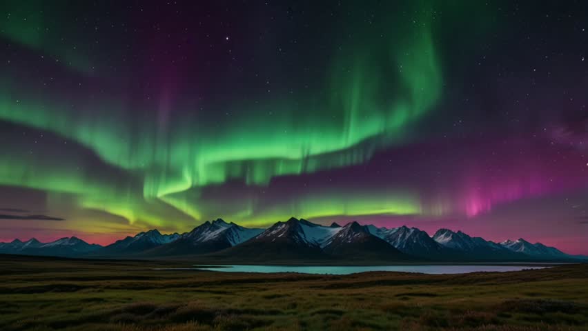 A still lake reflects the dramatic light of the aurora borealis, which stretches in green and pink sweeps over majestic mountain peaks.