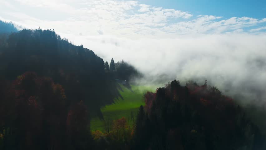 Majestic aerial view of the misty French Alps, showcasing dense trees and misty landscapes