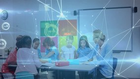 As digital network lines fading in, teacher guiding six children sketching at table in classroom. Educational, collaboration, creativity, innovation, classroom, mentorship, digital - Powered by Shutterstock - Get 15% off with code: PIKWIZARD15