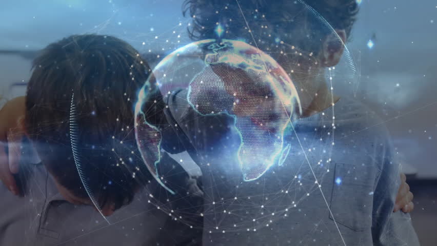 Students grouping on pulse around lab table and studying hologram Earth with data lines and numbers. Collaboration, education, technology, interactive, future, students, innovation - Powered by Shutterstock - Get 15% off with code: PIKWIZARD15