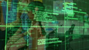 Teacher lifting tablet as code grid overlay shifts guiding children exploring educational app icons. Education, technology, classroom, learning, innovation, interactive, youth - Powered by Shutterstock - Get 15% off with code: PIKWIZARD15