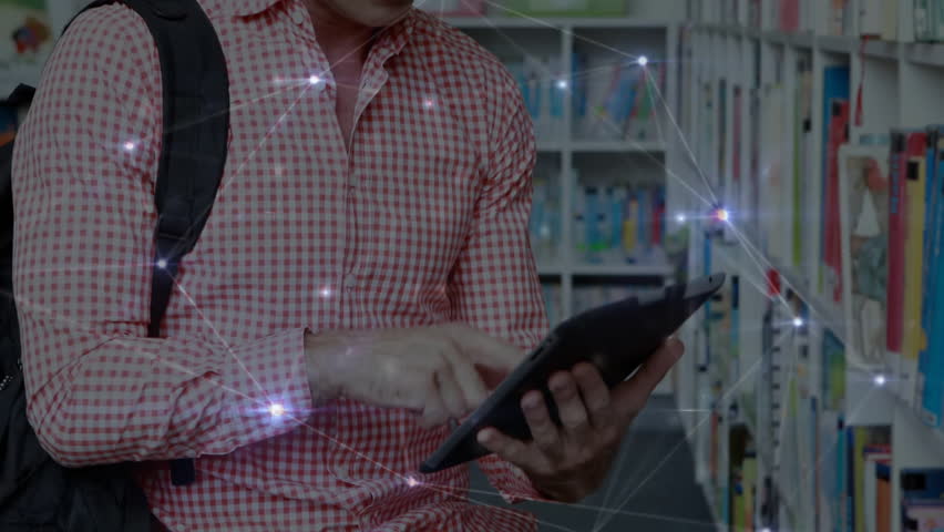 Library patron tapping tablet showing network spreading over shelves, scrolling results, moving on. Technology, innovation, digital, education, research, connectivity, modern