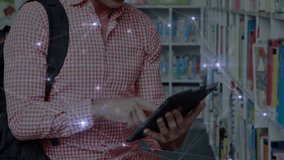 Library patron tapping tablet showing network spreading over shelves, scrolling results, moving on. Technology, innovation, digital, education, research, connectivity, modern - Powered by Shutterstock - Get 15% off with code: PIKWIZARD15