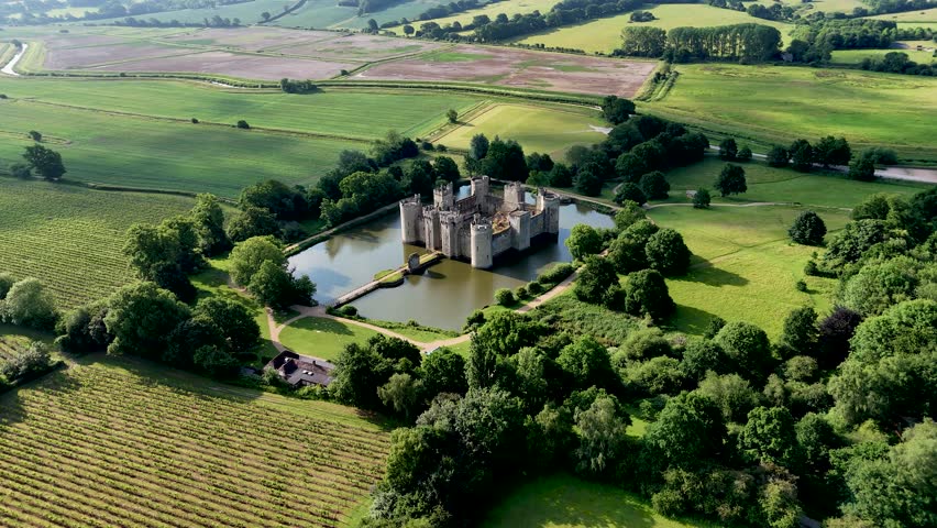 Stunning aerial drone views of Bodiam Castle—showcasing medieval grandeur from above. Ideal for editors, marketers, and history enthusiasts.