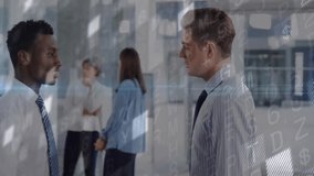 Business colleagues meeting in lobby discussing data timeline and shaking hands under digital globe. Professional, networking, collaboration, digital, modern, corporate, communication - Powered by Shutterstock - Get 15% off with code: PIKWIZARD15