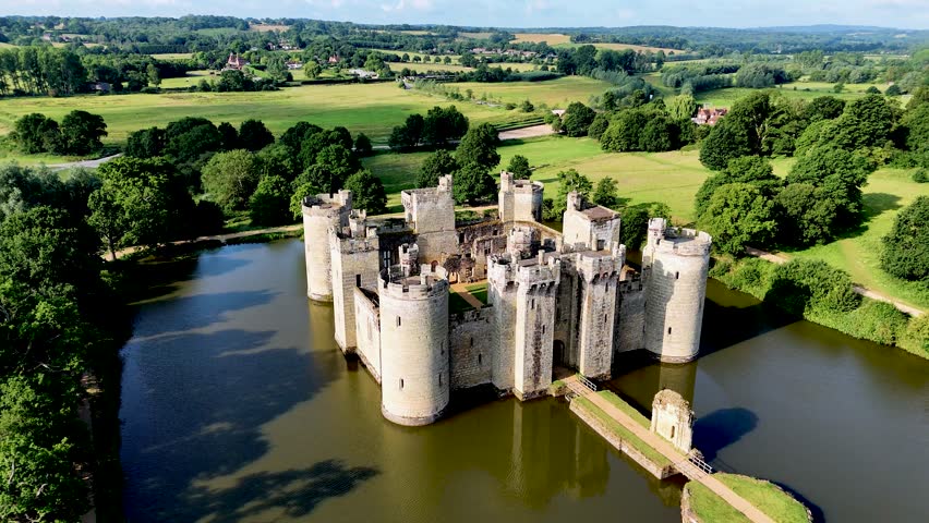 Capture the majestic beauty of Bodiam Castle from above. Stunning drone aerials ideal for documentaries, films, and heritage content.