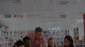 Library students tracing rising graph on laptop while appearing data overlays guiding discussion. Collaboration, education, digital, learning, innovation, teamwork, technology - Powered by Shutterstock - Get 15% off with code: PIKWIZARD15