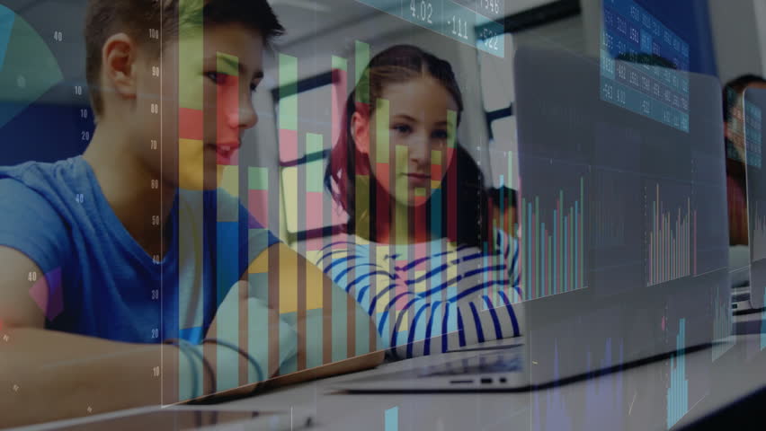 Child boy leaning and typing laptop as teen girl nodding in computer lab analyzing financial charts. Collaboration, education, technology, teamwork, data analysis, concentration, learning environment - Powered by Shutterstock - Get 15% off with code: PIKWIZARD15