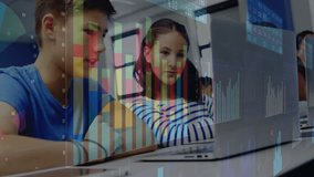 Child boy leaning and typing laptop as teen girl nodding in computer lab analyzing financial charts. Collaboration, education, technology, teamwork, data analysis, concentration, learning environment - Powered by Shutterstock - Get 15% off with code: PIKWIZARD15