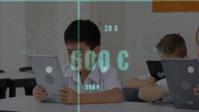 Students tapping tablets in classroom, generating finance charts and line graphs gaining confidence. Educational, technology, modern, digital, classroom, learning, development - Powered by Shutterstock - Get 15% off with code: PIKWIZARD15