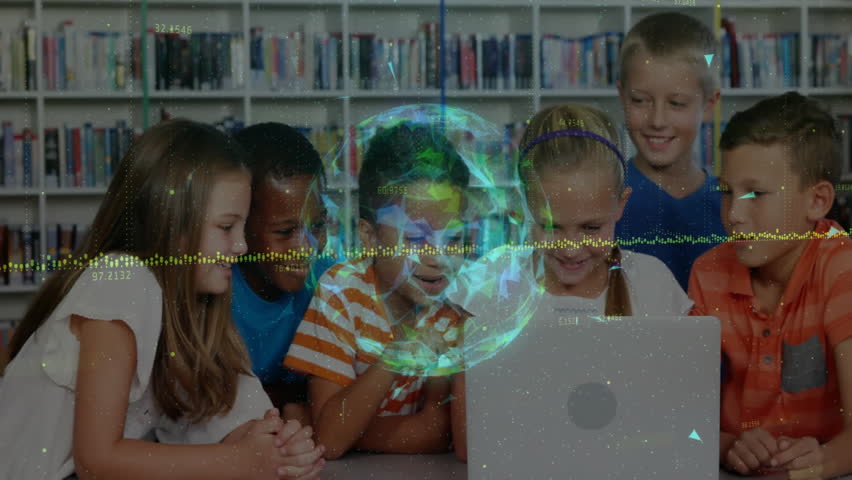 Kids gathering around opening laptop, projecting rotating globe pulsing data overlay for education. Collaboration, learning, innovation, technology, discovery, teamwork, education