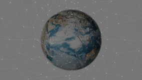 On start 3D Earth globe fading and rotating eastward over network grid to illustrate global links. Technology, connectivity, innovation, digital, global, network, modern - Powered by Shutterstock - Get 15% off with code: PIKWIZARD15