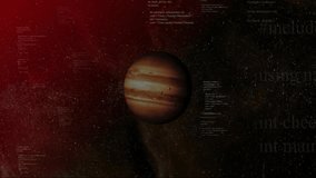 Rotating gas giant starting red glow pulsing while code overlay scrolling for data analysis. Cosmos, astronomy, space, universe, digital, futuristic, planetary - Powered by Shutterstock - Get 15% off with code: PIKWIZARD15