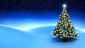 Animated Christmas tree, adorned with glowing lights and a star topper, stands in a serene, snowy landscape under a magical, starry night sky. Festive holiday background. - Powered by Shutterstock - Get 15% off with code: PIKWIZARD15