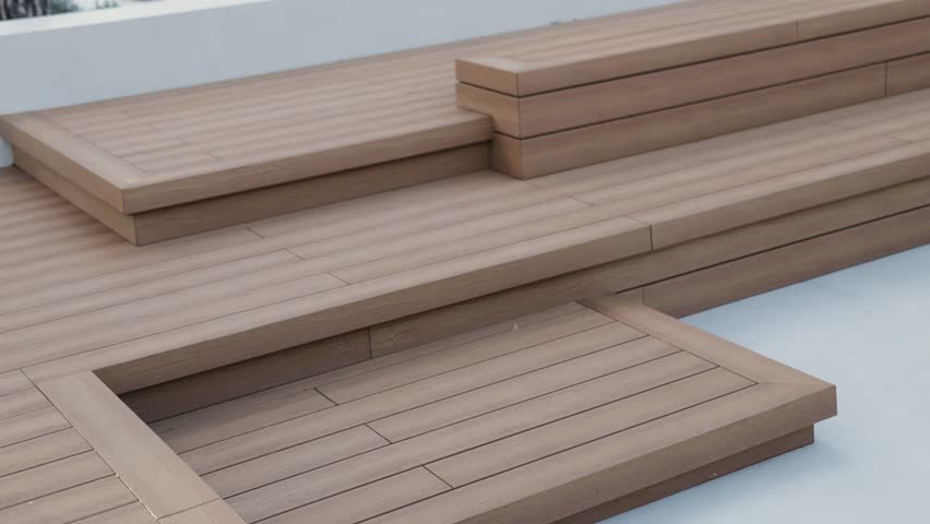 Modern outdoor terrace with stylish stairs. Outdoor seating area near the house with wooden terrace. Wooden stairs on the street. Wooden terrace next to a modern house. Design with landscaped garden.