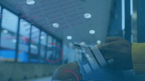 woman wearing yellow top sitting in glass hallway tapping smartphone animating charts for analytics. Technology, data, analytics, futuristic, modern, professional, digital - Powered by Shutterstock - Get 15% off with code: PIKWIZARD15