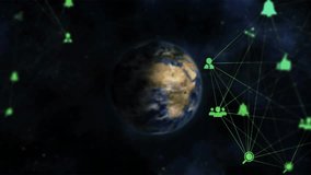 Rotating Earth activating neon green network, arcs tracing paths, icons pulsing global connectivity. Planet, technology, digital, network, connectivity, innovation, cyberspace - Powered by Shutterstock - Get 15% off with code: PIKWIZARD15