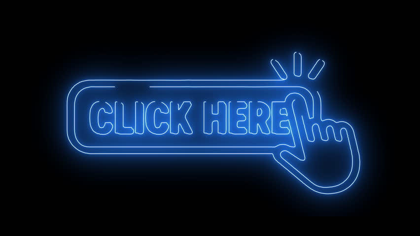 Animated neon icon of a hand clicking a "CLICK HERE" button, symbolizing web interactions and call to actions
