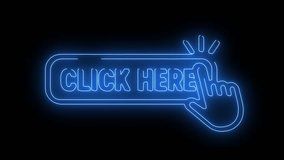 Animated neon icon of a hand clicking a "CLICK HERE" button, symbolizing web interactions and call to actions - Powered by Shutterstock - Get 15% off with code: PIKWIZARD15