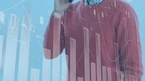 Finance professional dialing smartphone and analyzing data while bar and line charts pulsing upward. Financial, analytics, technology, business, data, investment, corporate - Powered by Shutterstock - Get 15% off with code: PIKWIZARD15