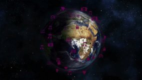 Magenta icons appearing around rotating Earth, neon green arcs weaving flow showing connectivity. Technology, connectivity, global network, digital, cyberspace, innovation, data transfer - Powered by Shutterstock - Get 15% off with code: PIKWIZARD15