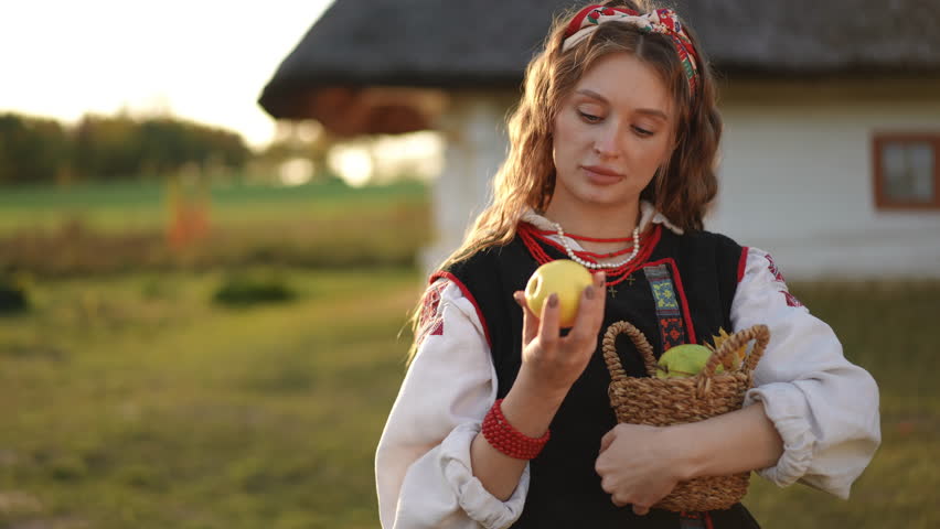 Young woman in folk costume with a black vest and traditional embroidery stands outdoors holding a yellow apple and basket, with a village house in the background.