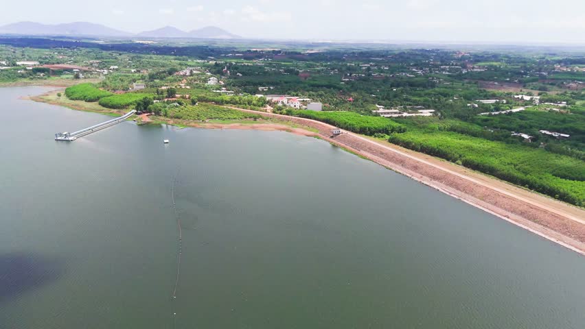 Aerial View Dolly of the Lake and the Farms in Dong Nai.