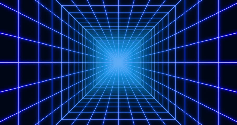 Futuristic glowing neon wireframe background. Shining grid inside square pipe in perspective. Bright retro digital vanishing point. 4K 3D rendering loop animation.